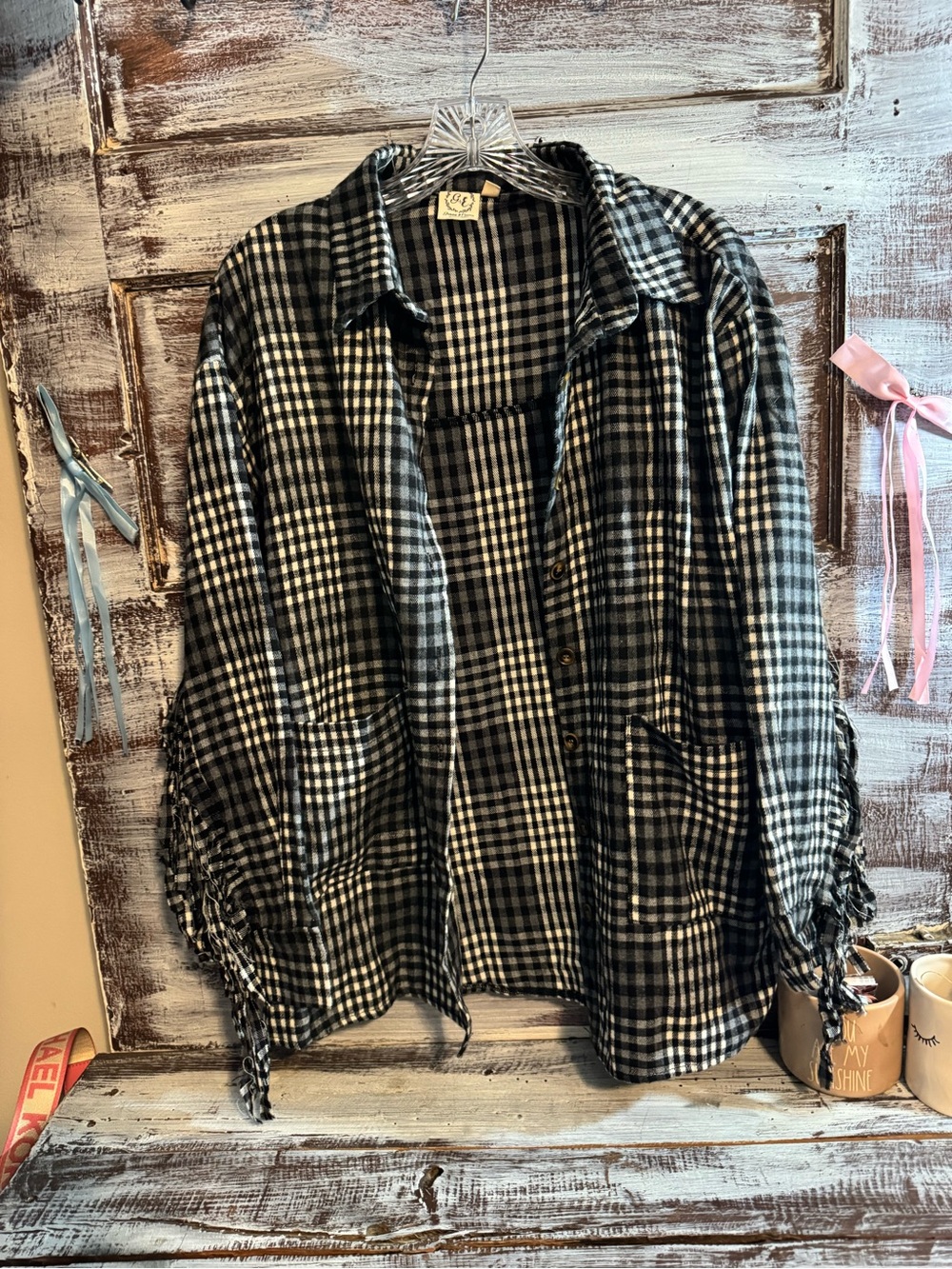 Women's Black & White Plaid Button-Down Shirt with Fringe